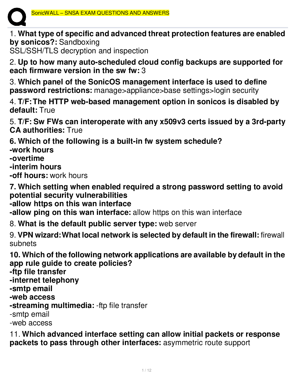 Preview image for SonicWALL – SNSA EXAM QUESTIONS AND ANSWERS